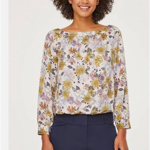 LOFT Tops - Loft Womens Long Sleeve Bodysuit XL Beige Multi Color Floral Boat Neck Satin